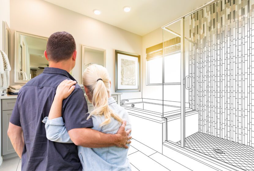 Couple,Facing,Bathroom,Drawing,Gradating,To,Photo.